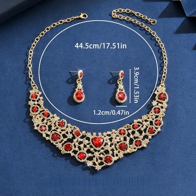 Red/Blue/Green Crystal Rhinestone Round Heart Necklace Earrings Jewelry Set