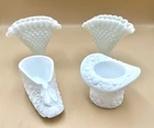 Vintage 1960's Milk Glass Hat, Shoe and & 2 Fenton Hobnail Fan Vases Lot Of 4