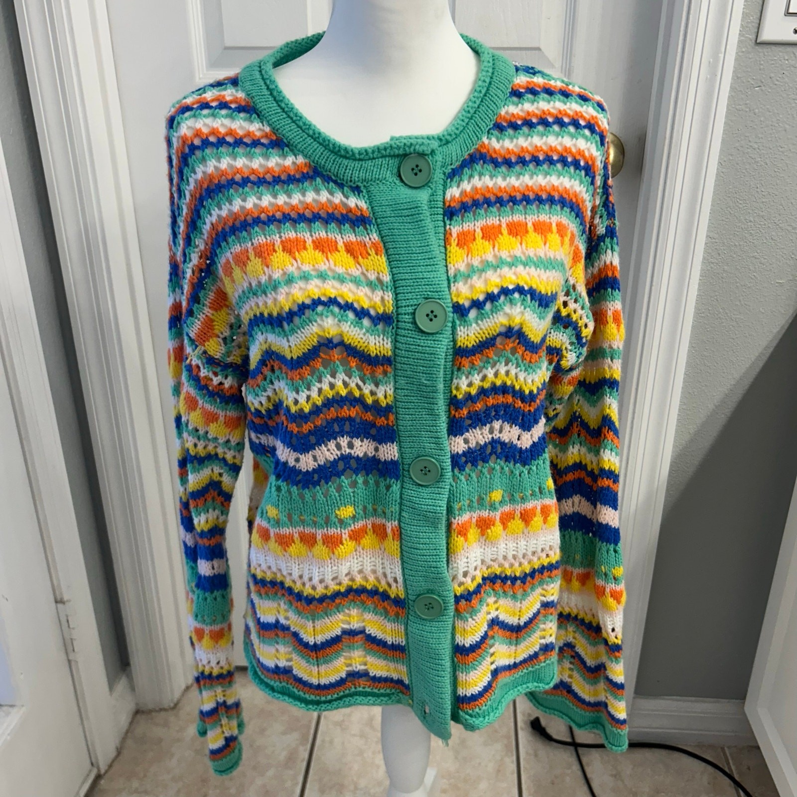 Colorful Knit Button Front Cardigan Women’s Sweater Multicolor Open Stitch Boho