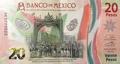 WORLD MONEY STORE Mexico P-132 BICENTENNIAL 20 pesos 2023 FEB 7 UNC ser DK sig GBG & AAR