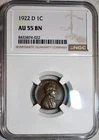 NGC AU-55 BN 1922-D Lincoln Cent, Lustrous, Chocolate-Brown specimen.