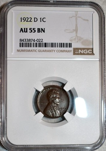 NGC AU-55 BN 1922-D Lincoln Cent, Lustrous, Chocolate-Brown specimen.