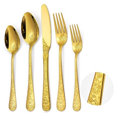 A·HOUSEWARE Gold Flatware Floral Set Stainless Steel Silverware 30 Piece Fork...
