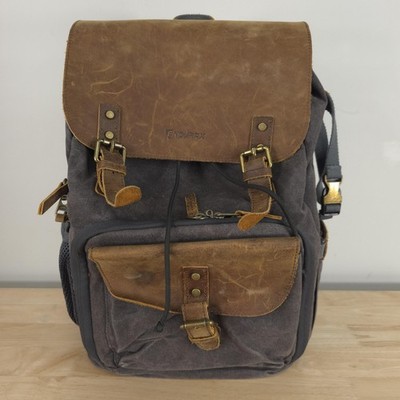 Endurax Canvas Camera Backpack Gray Brown Leather Padded DSLR Lens Bag Gear