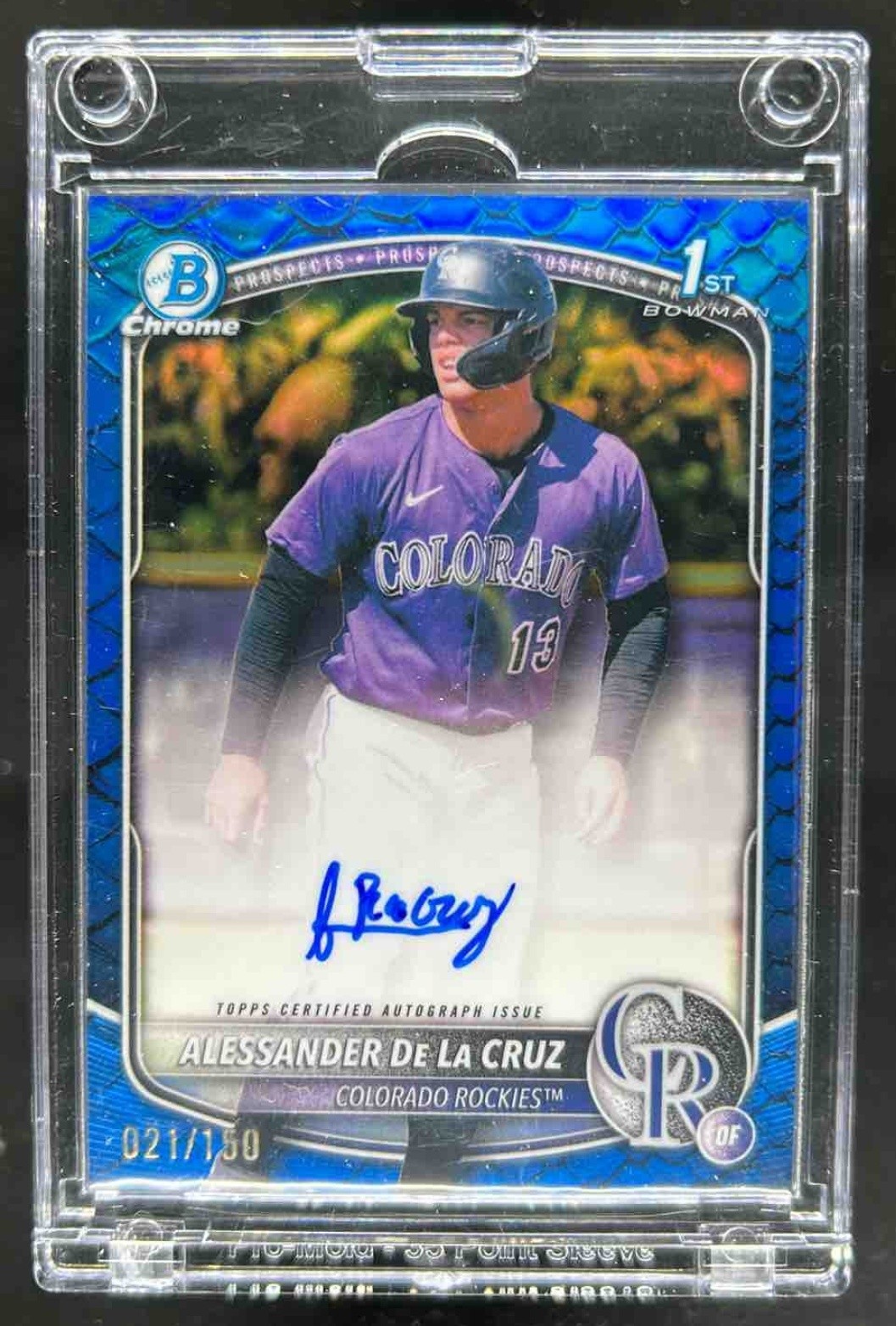 2025 Bowman Chrome Alessander De La Cruz Auto Reptilian Blue Refractor 1st #/150