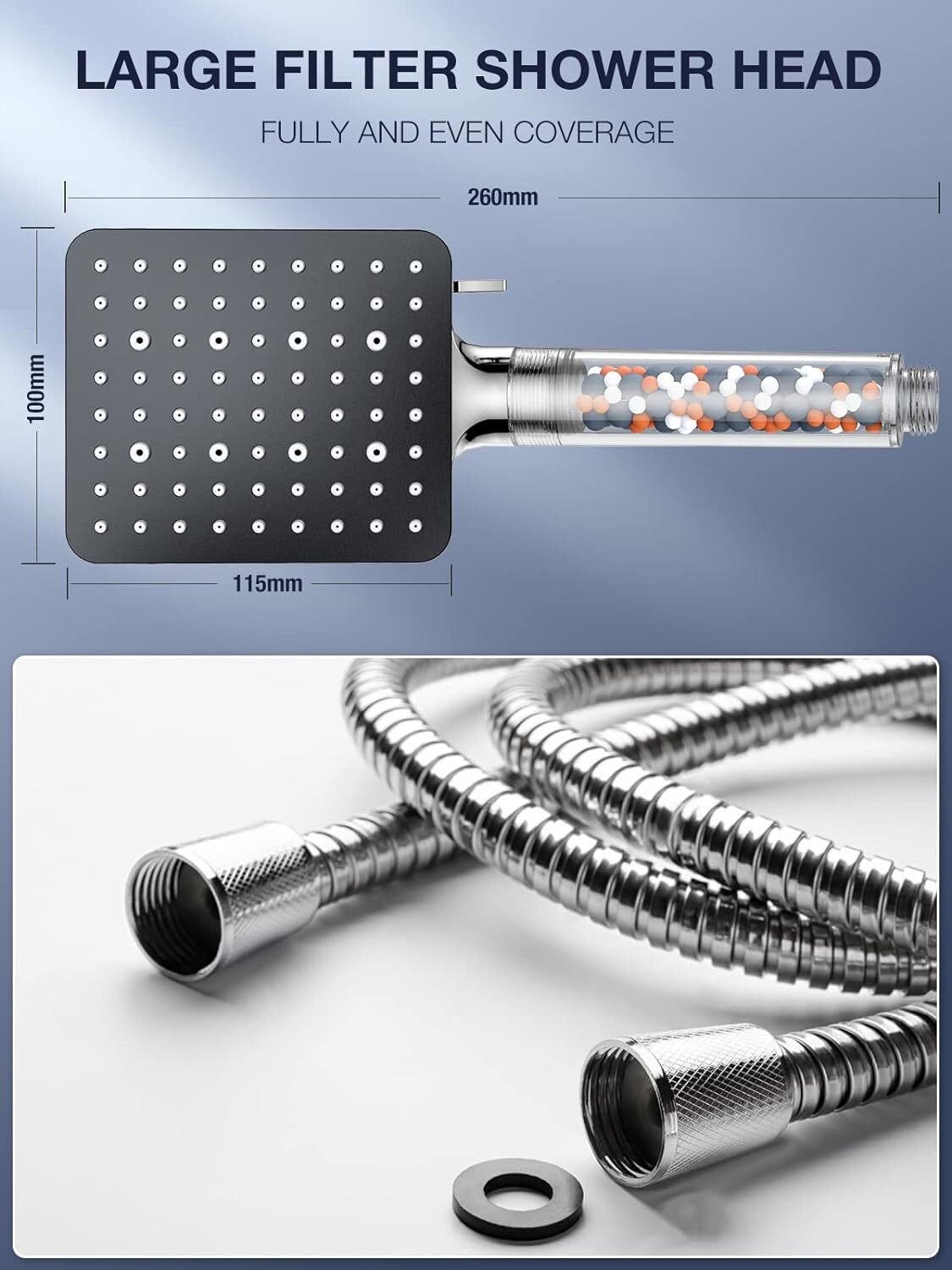 Shower Head and Hose 1.6M with Filter - YEAUPE PRO Square High  