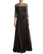 Kay Unger New York 3/4-Sleeve Lace Tulle Gown Dress Tea-Length TAILORED Size 2