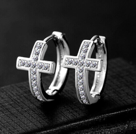 Round cut sim diamond cross huggie hoop earrings 14k white gold plated