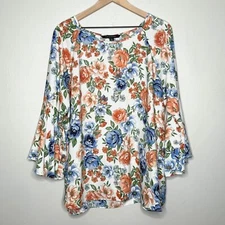 Zac & Rachel Womens Blouse XL Orange Blue Floral Spring Flowy Brunch Boho