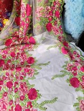 "Fuchsia Floral Lace Fabric on White Mesh with Green Leaf Embroidery - Sold by t