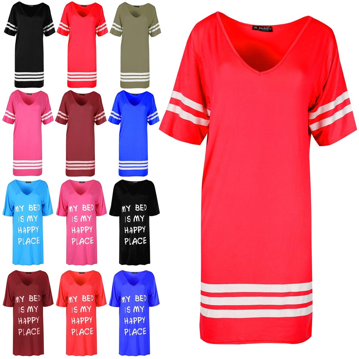 Short Sleeve Stripe Varsity Football Baggy Oversize Womens PJ Shirt Dress