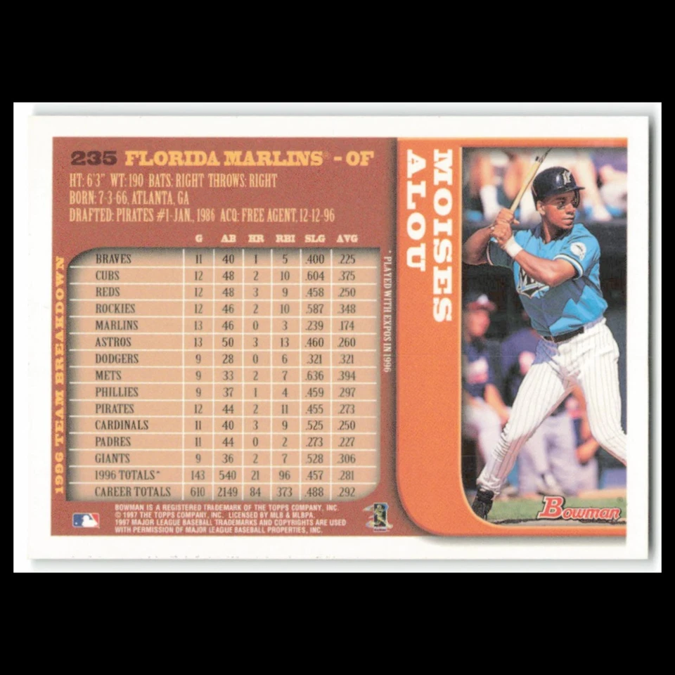 Moises Alou #235 1997 Bowman Florida Marlins Baseball Card MLB NM - Image 2 of 3
