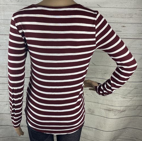 Banana Republic Shirt XS Burgundy White Horizontal Striped Long Sleeve Rayon Top - Picture 9 of 12