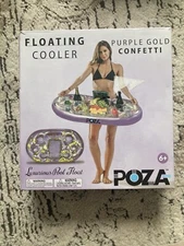 NEW Poza Inflatable Purple & Gold Confetti Filled Floating Cooler w/ 8 Holders