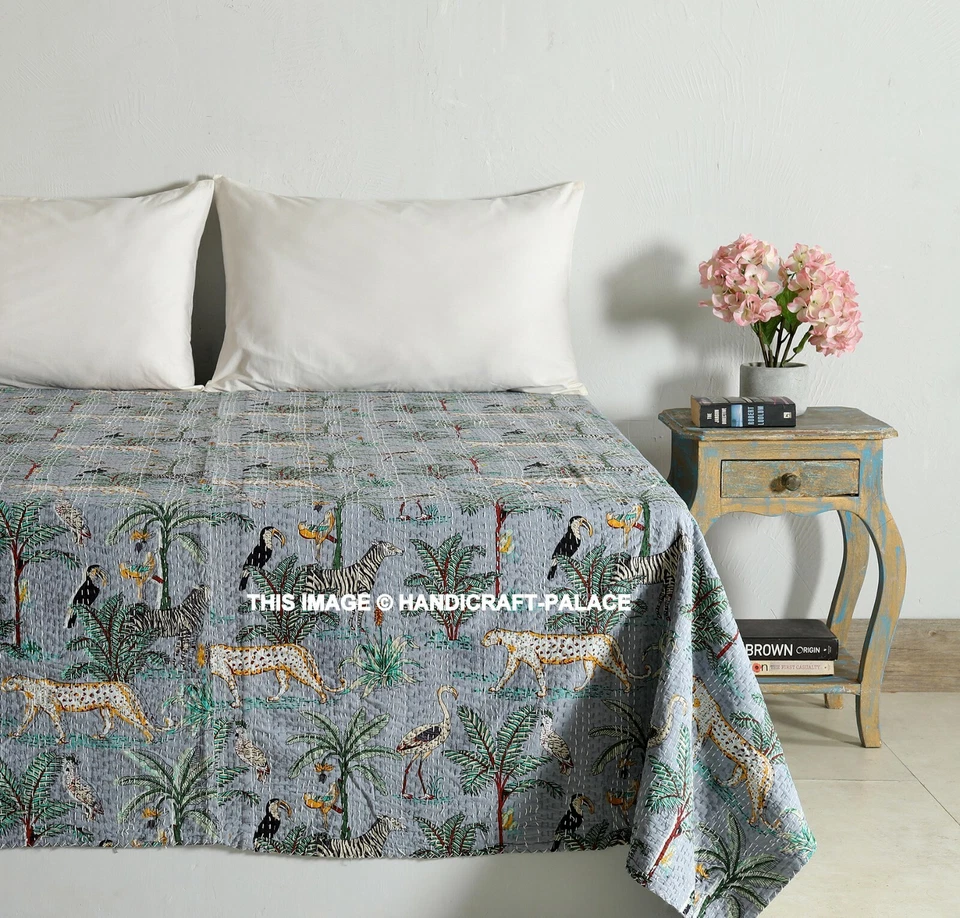 Manta gris hecha a mano con edredón Kantha animal tigre tamaño queen Boho Gudari Foto 4 de 4