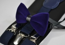 BABY BOY KIDS Violet Purple Velvet Bow tie  Navy Blue Suspenders braces 1-8 Y/O