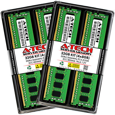 A-Tech 32GB 4x 8GB 1Rx4 PC4-21300R RDIMM DDR4 2666 MHz ECC REG Server Memory RAM