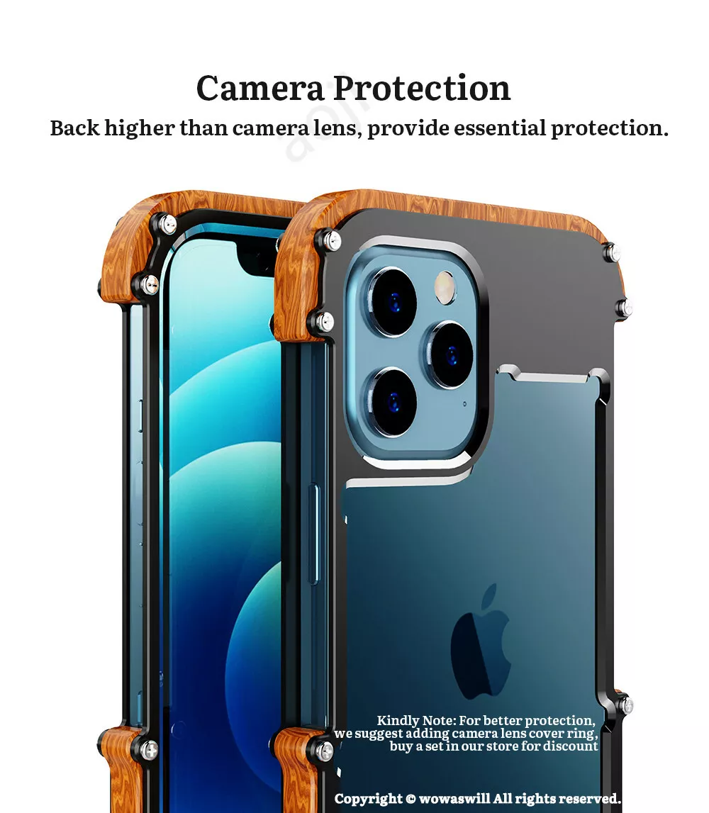 For iPhone 14/Plus/Pro/Max/13 Armor Aluminum Metal Wood Bumper Frame Case  Cover