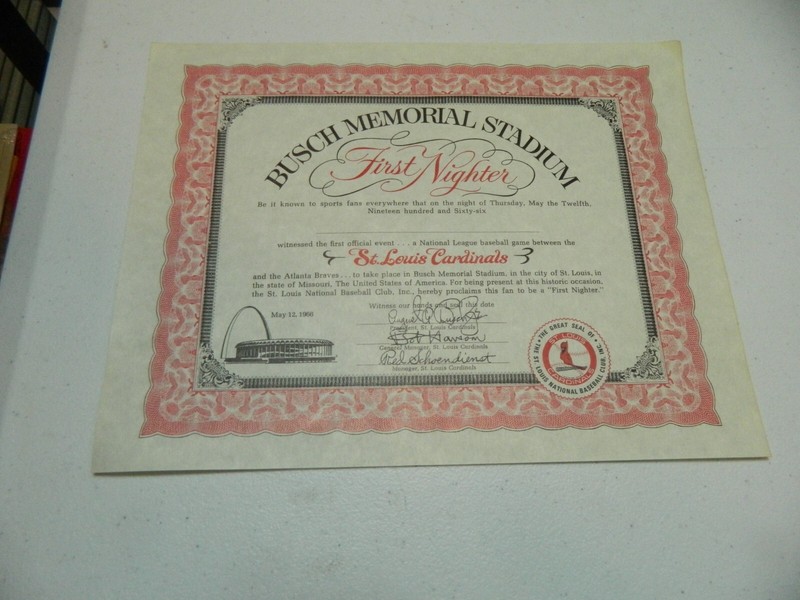 May 12, 1966 1st Game New Busch Memorial Stadium II First Nighter Certificate