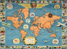 Early Pictorial Map Famous Flights and Air Routes of the World Wall Poster Print