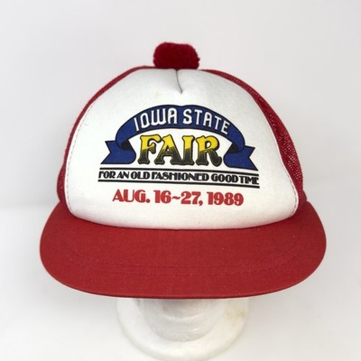 Vintage 1989 Iowa State Fair Short Brim Pom Pom Young An Mesh Hat Cap Snapback