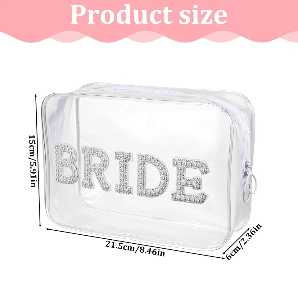 Clear Bride Makeup Bag for Women Bridesmaid Engagement Gift, Pearl Rhinestone... Foto 2 de 4