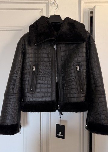 Mackage Black Croc Embossed Oversized Shearling Winter Jacket Sz M $2790 NEW