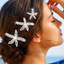 3 PCS Silver Starfish Hair Clip Set Pearl Rhinestone Accessories