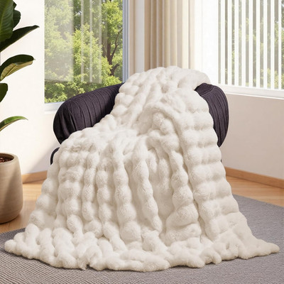 Faux Fur Throw Blanket Cream White - Big Bubble Rabbit Fluff Blanket for Couch,