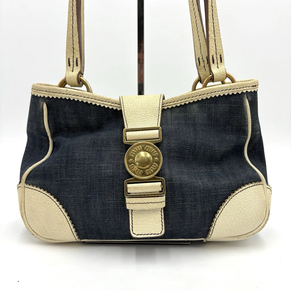 Auth Miu Miu Archive Gold Logo Hardware Denim Shoulder Tote Bag 2Y412 - Image 2 of 4
