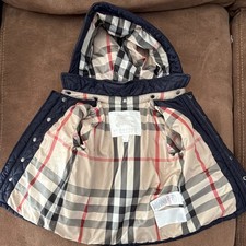 Burberry Children Navy Hooded Quilted Jacket Check Lining 12 M