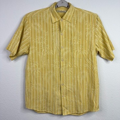 Tommy Bahama Shirt Mens M Yellow Silk Blend Striped Tropical Hawaiian Vacation