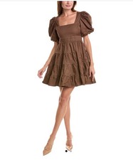 En Saison Meline Poplin Babydoll Dress Brown Puff Sleeves Pockets Small NWT