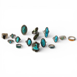 15 VINTAGE NATIVE AMERICAN TURQUOISE GEMSTONE FINGER RING LOT STERLING SILVER