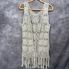 Vintage Boho Floral Crochet Fringe Open Knit Vest Size S Macrame Beige Cotton