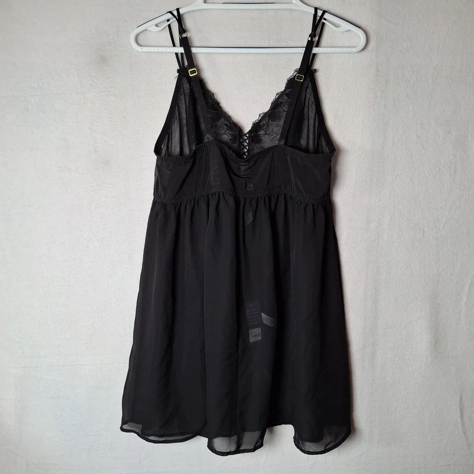 Babydoll Cacique de Gasa Transparente Chemise 18/20 Negro Iridiscente Metálico Encaje Top Foto 4 de 4