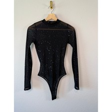 Lulus Black Sheer Mesh Multicolor Confetti Sequin Mock Neck Sleeve Bodysuit XS