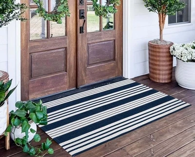 BUAGETUP Blue and White Striped Outdoor Rug 24'' x 51''Outdoor Front Porch Rug Hand-Wo...