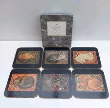 Set 6 Cloverleaf Cat Coasters Vintage Boxed Cork Backed 10.5cm x10.5cm Preloved 