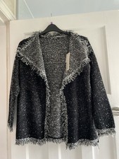 NEW ROMAN BLACK WHITE FRINGED BOUCLE CARDIGAN SIZE 12. BNWT