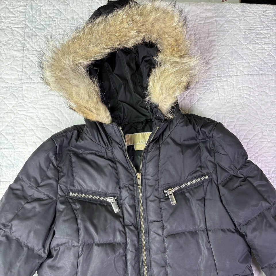 Abrigo Michael Kors Mujer Medio Plumón Puffer Imitación Piel Capucha Acolchado Cálido Parka Foto 2 de 4