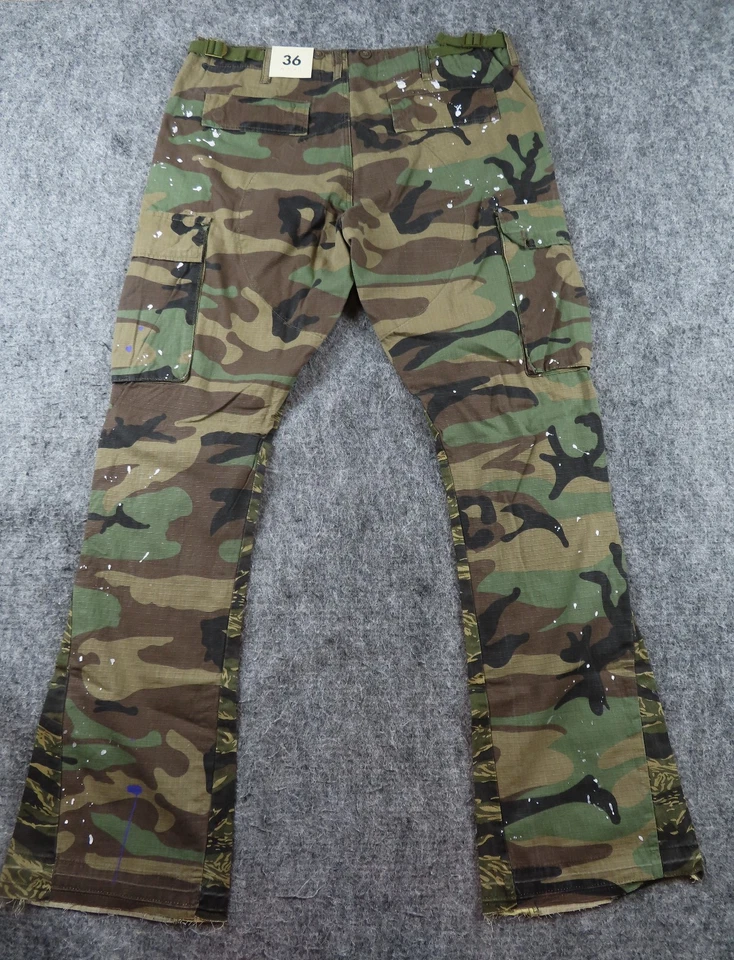 Mnml Pants Mens 36 Camo Paint Splatter Bootcut Cargo Ripstop Flare Raw Hem NEW - Image 3 of 4