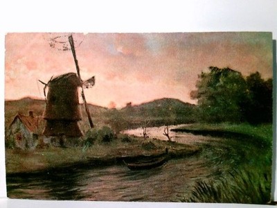 Künstler AK farbig, gel. als Feldpost 1918. Mühle am Fluß im Abendrot, Kahn, 1. 