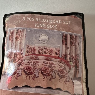 Luna Rose 5 Piece King Bedspread Set Floral Pattern Pink Red with Pillow Shams