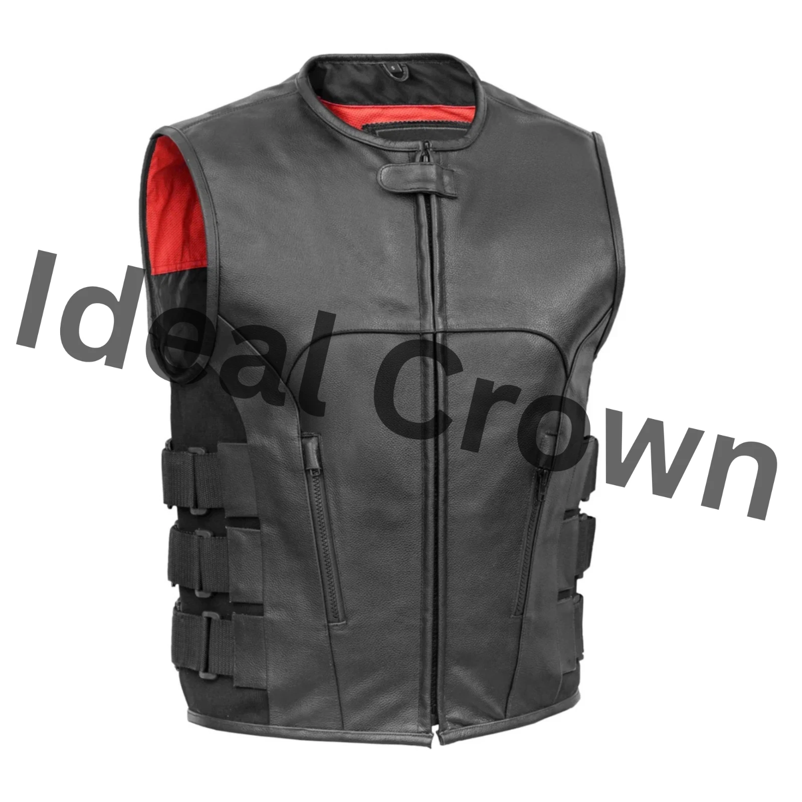 Men’s Black Genuine Leather Motorcycle Vest Multi Pocket Biker Waistcoat