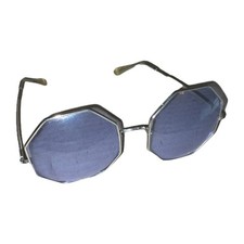 Blue Big Octagon 60s Mod Glasses France Metal Frame Round Curved Lens Authentic