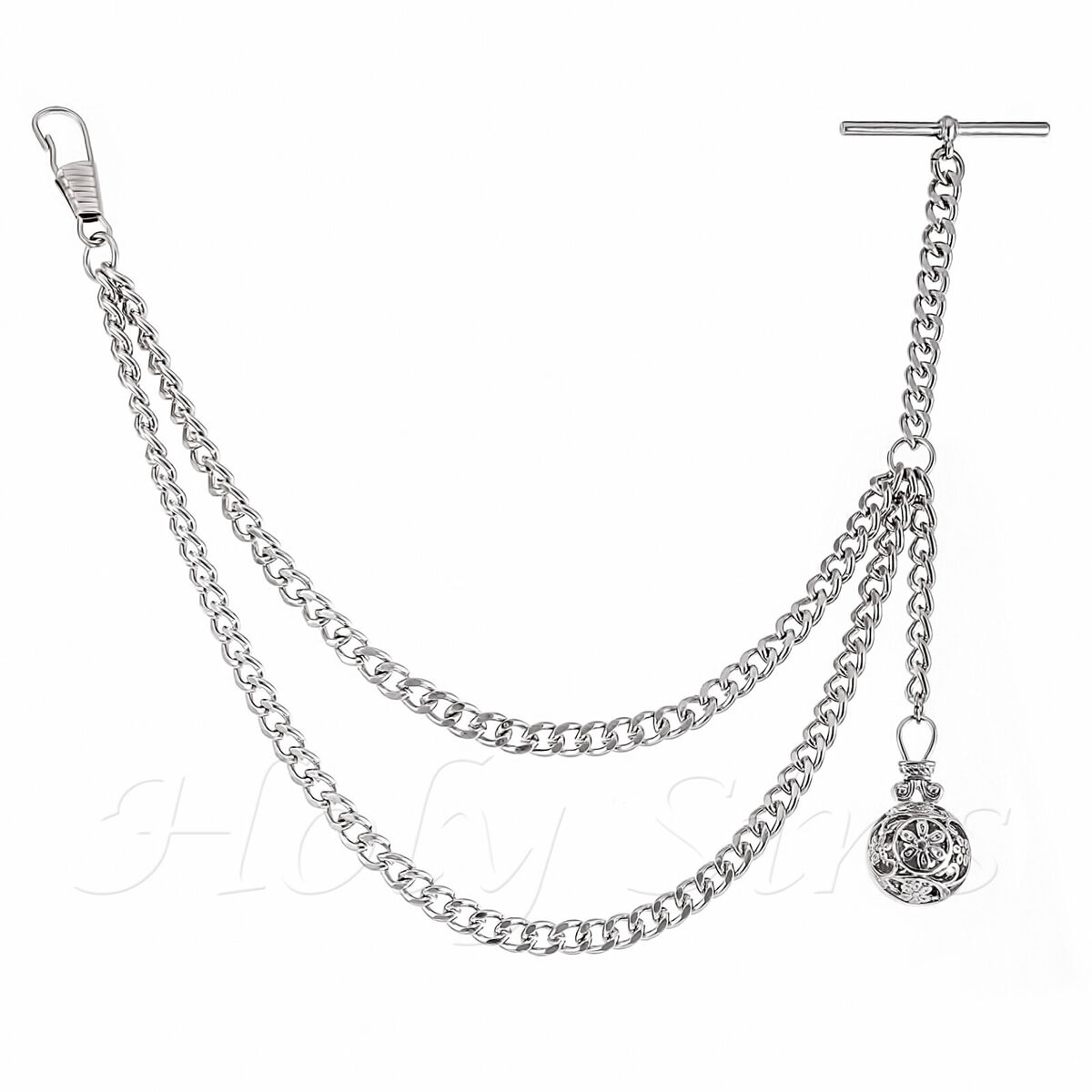 Silver Colour Single Albert Pocket Watch Chain with Pendant 001