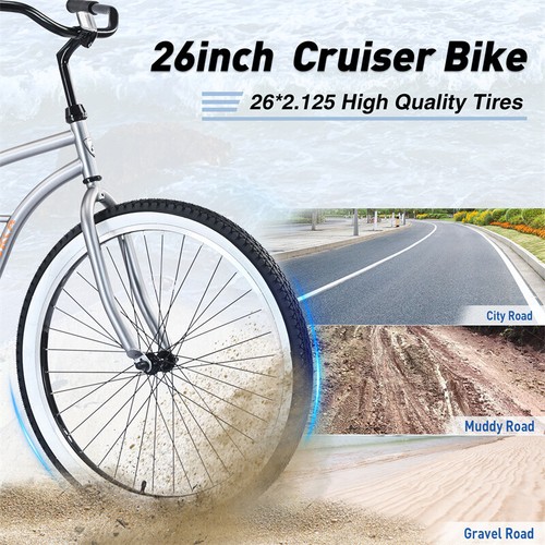 26" Beach Cruiser Bicycle Rear Coaster Brake Single Speed Men's Bike Silver Grey - Picture 3 of 6