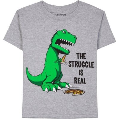 New Boys The Struggle is Real Pizza T-Rex Gray T-Shirt Large 10-12