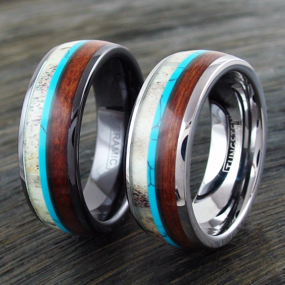 Anillo de banda de madera turquesa con cuerno de ciervo de cerámica de tungsteno o alta tecnología grabado para hombre Foto 4 de 4